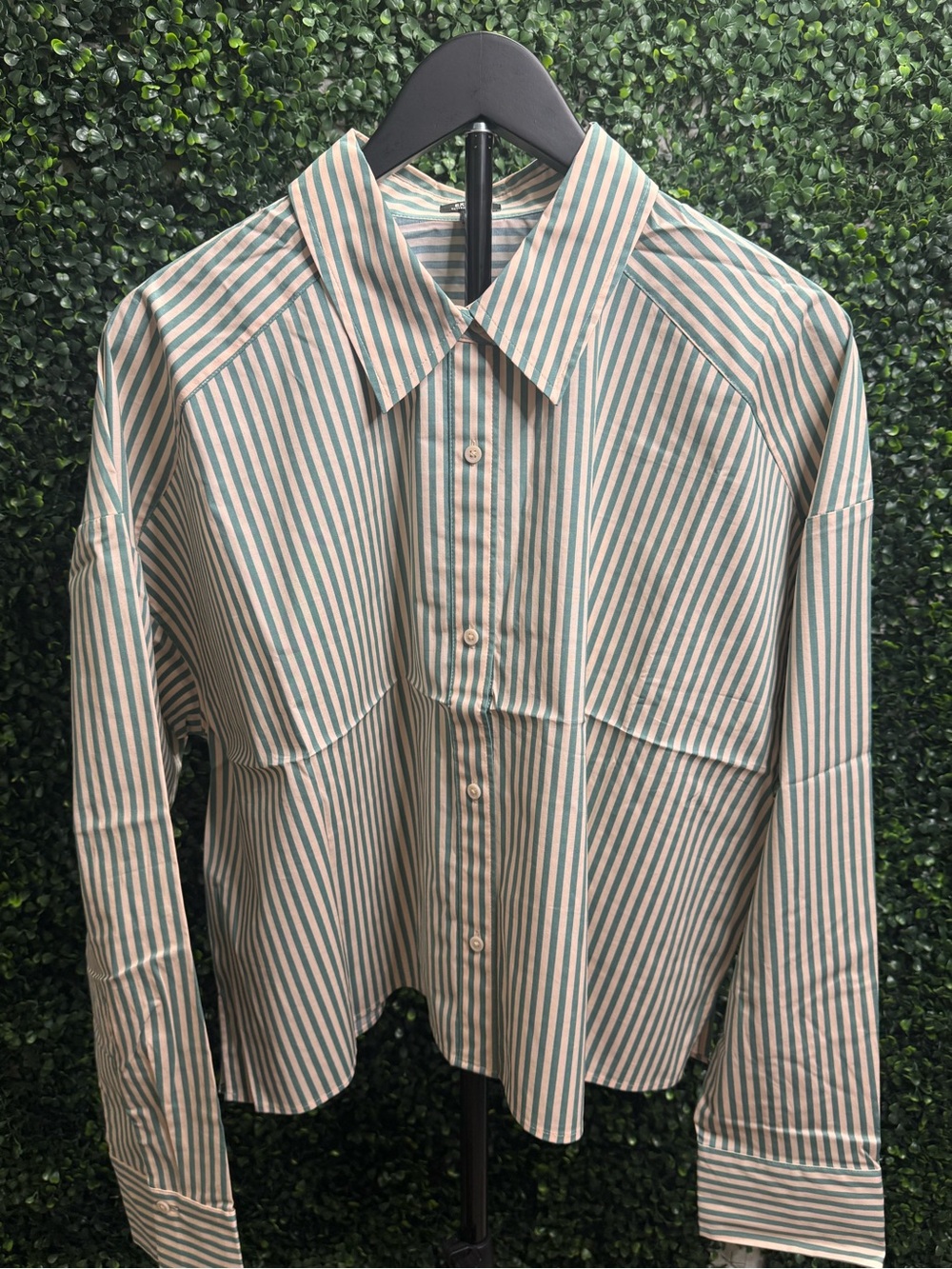 Express Green and White Striped Button-Up Blouse